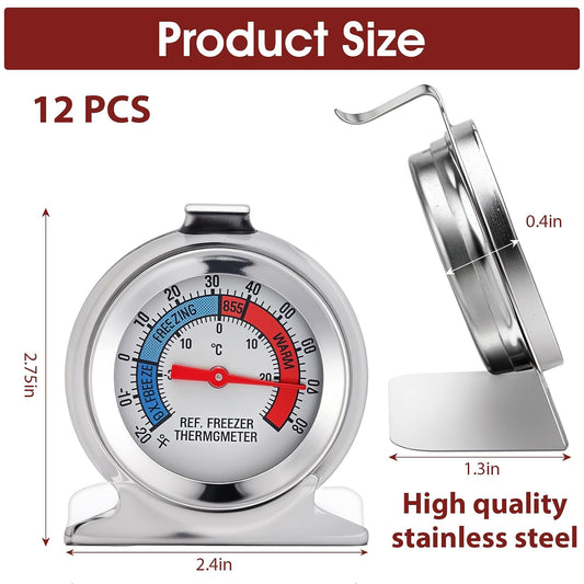 12 Pack Refrigerator Thermometer Large Dial Fridge Thermometer with Dual-Scale -30~30°C/-20~80°F for Freezer Cooler, Stainless Steel