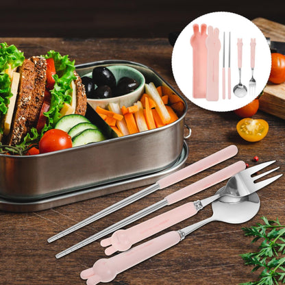 4 PCS Travel Utensils with Case, Portable Stainless Steel Reusable Cutlery Set for Lunch Box, Includes Spoon Fork Chopsticks, Small Pink Cartoon Flatware for Students, Kids School, Office, H