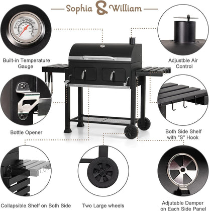 Sophia & William 18-Inch Vertical Charcoal Smokers BBQ Grills with Porcelain-Enameled Smoking Chamber & 2-Layer Smoking Shelves, Outdoor Smokers & Tabletop Grill Combo for Barbecue Camping(Black)
