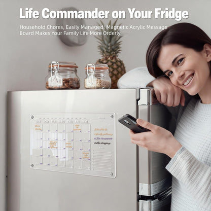 Magnetic Fridge Calendar, 16.5"x11.7" Large Acrylic Dry Erase Board with Markers, for Family Meal Planning & Kitchen Organization