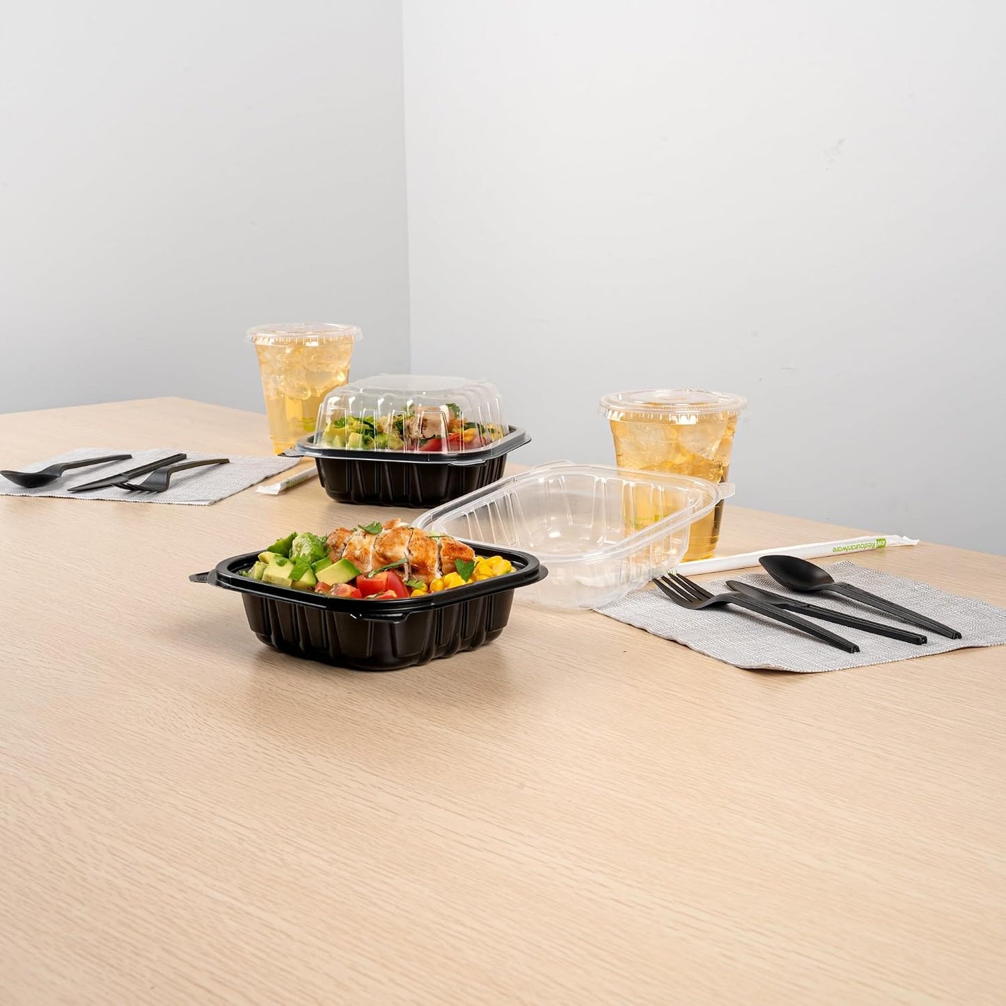Thermo Tek 40 Ounce Clamshell Containers, 50 Disposable Take Out Boxes - 3 Compartments, Ventilated Lids, Black Plastic Meal Prep Containers, Microwavable, For Pasta Or Salads - Restaurantware