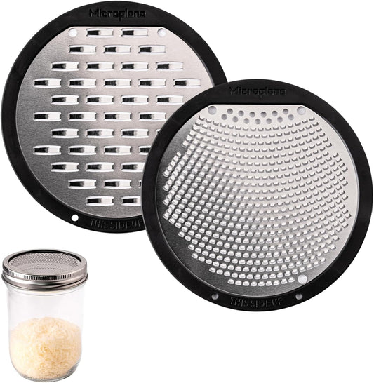 Microplane 2-Piece Ultimate Mason Jar Lid Grater Set, Fine & Ribbon Stainless Steel Blades, Fits Wide Mouth Canning Jars, Shaker Holes, Zester & Cheese/Spice Grater, Handheld Stainless Steel Rasp