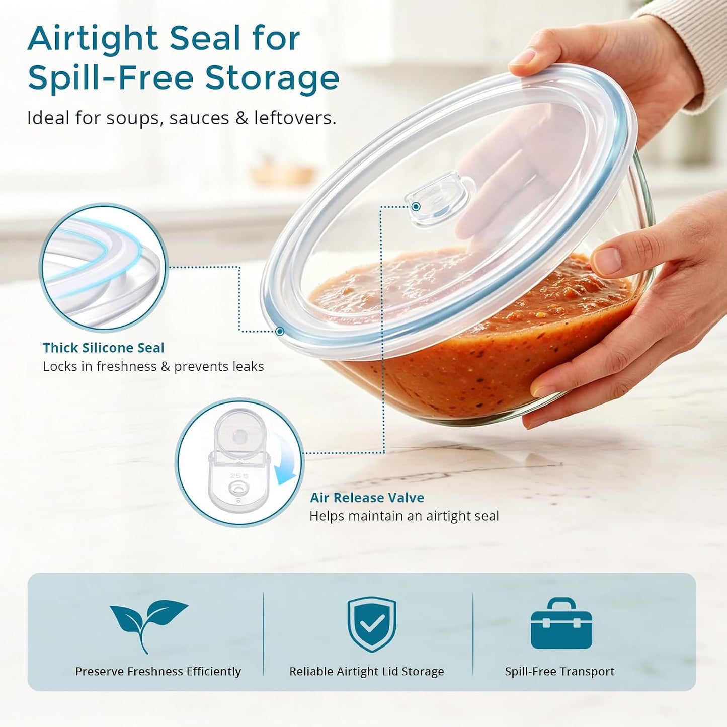 E-far Glass Mixing Bowls with Airtight Lids Set of 3, 4.8,2.9,0.8 Qt Clear Glass Salad Bowls for Cooking Prep Baking Serving, Large Nesting Bowls for Storage Sourdough Proofing, Dishwasher Safe