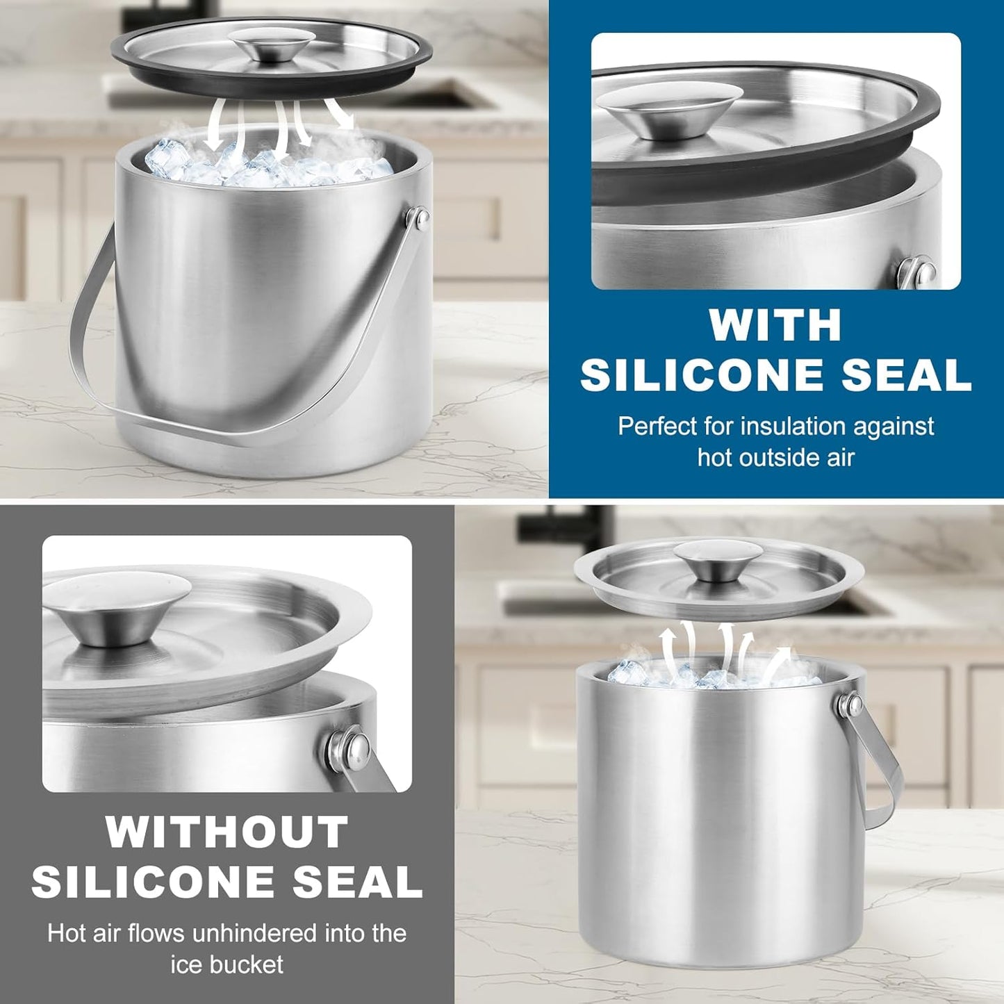 4L Stainless Steel Ice Bucket With Lid, Insulated Double-Wall Ice Buckets with Scoop & Tongs for Parties, Portable Ice Container for Chilled Champagne Wine Drink, Ideal for Home/Activities/Bar Freezer