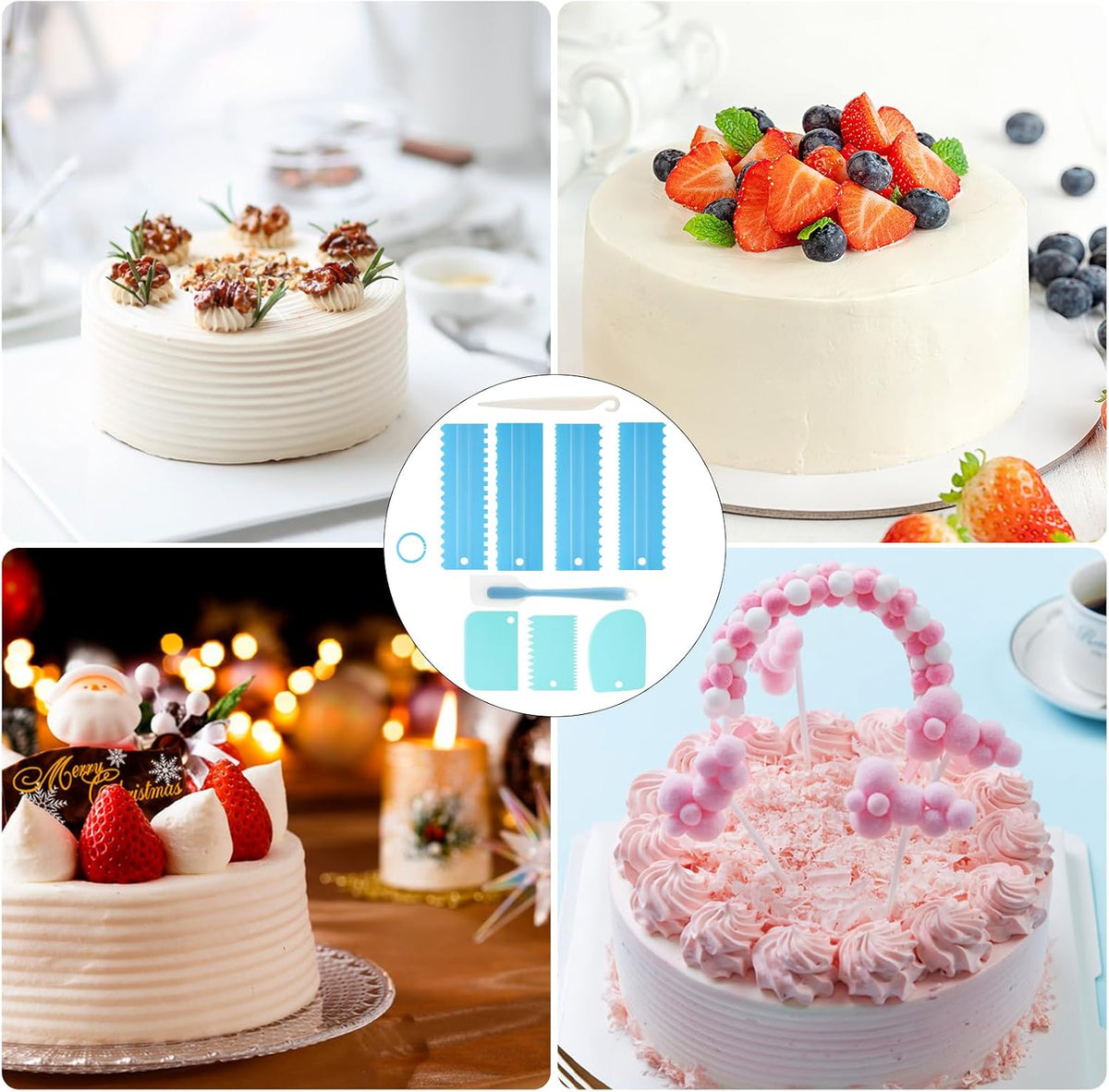 9PCS Cake Scraper Set with Cake Scraper Smoother Set, Adjustable Icing Scraper Polisher Tool, Cake Decorating Comb, Icing Smoother Plastic Sawtooth,Cake Icing Kitchen Baking Cake Edge(White)