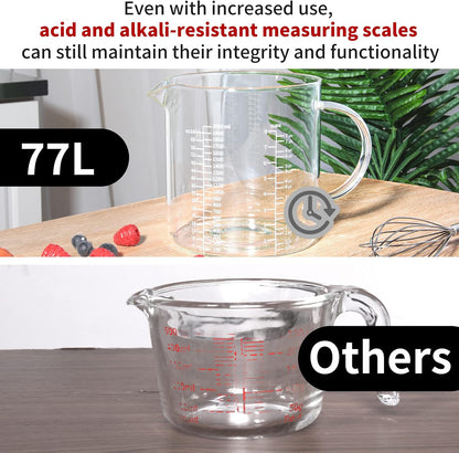 77L 3 Pack Glass Measuring Cup Set (1 1/4, 2 & 4 Cup) [Insulated handle, V-Shaped Spout], High Borosilicate Liquid Glass Measure Cup for Kitchen, Easy To Read, Dishwasher, Freezer, and Microwave Safe