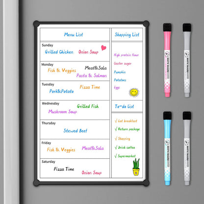 Weekly Calendar for Fridge,12×8” Magnetic Fridge Calendar Refrigerator Calendar, Weekly Meal Planner Magnetic, Menu Board, Double-Sided, Grocery List, Menu Planner for Refrigerator/Locker, 4 Markers