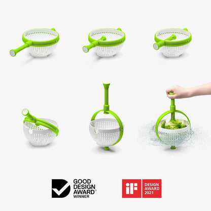 Dreamfarm Spina 2-In-1 Easy-To-Use, Collapsible Salad Spinner & Straining Colander for Salad, Fruit, Vegetable, Lettuce - White/Green | Compact storage, in-sink salad washer and strainer, 12 cup capacity, cleans fruit, vegetables and berries, drains pasta