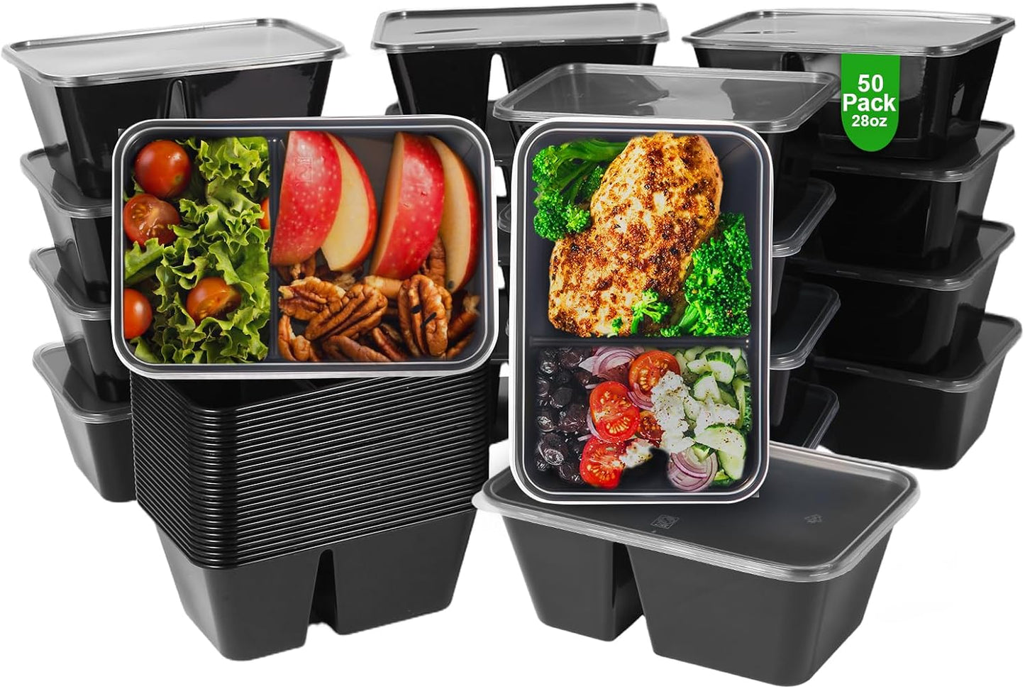 10Pack 32oz Meal Prep Containers Reusable with Lids, 2 Compartment with Portion Control Storage for Lunch or Takeaway, Plastic Disposable Bento Box To Go Take Out, Microwave Freezer Dishwasher Safe