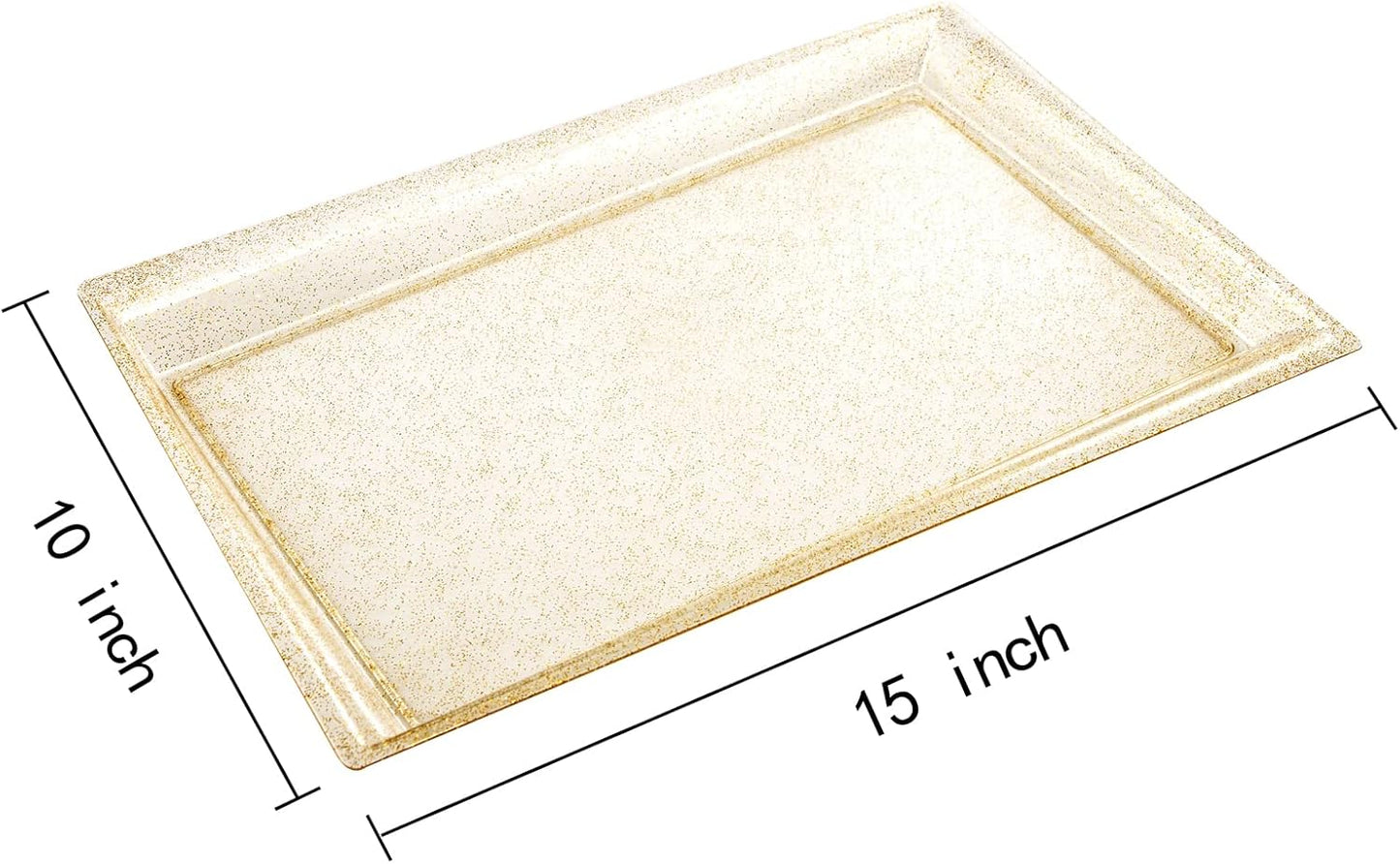 I00000 6 Pack Gold Glitter Plastic Serving Tray, 15" x 10" Crooked Food Trays, Clear Disposable Serving Platter for Parties, Weddings