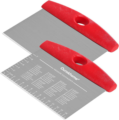 Ourokhome 2 Pack Bench Scraper Dough Cutter, Stainless Steel Dough Scraper with Laser-Etched Scale, Conversion Chart, Non-Slip Handle, Dishwasher Safe for Bread & Pastry, Black