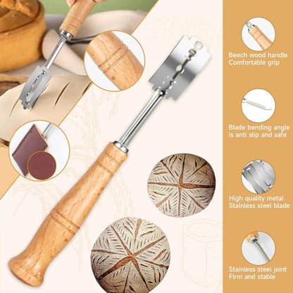Hand Crafted Bread Lame Premium Sourdough Scoring Tool Bread Making Tools pieces Bread Knife(5 Blades) with Dough Scraper Bread Cutter