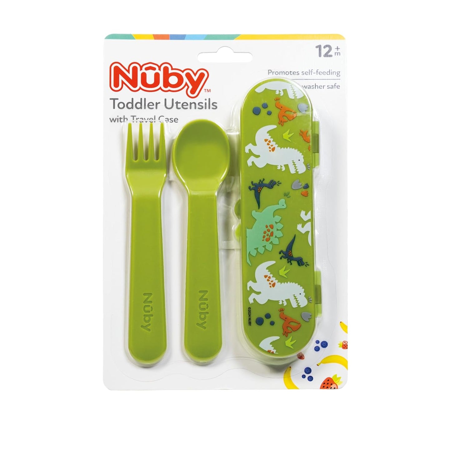 Nuby Toddler Utensils with Travel Case - Self-Feeding Fork & Spoon Set for Kids - Easy-to-Hold Training Utensils with Rounded Safe Edges for Independent Mealtime - Dinosaurs