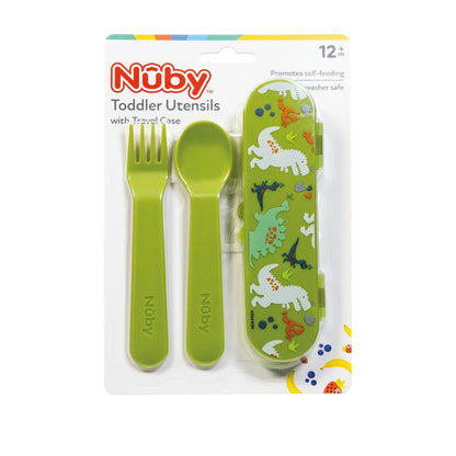Nuby Toddler Utensils with Travel Case - Self-Feeding Fork & Spoon Set for Kids - Easy-to-Hold Training Utensils with Rounded Safe Edges for Independent Mealtime - Dinosaurs