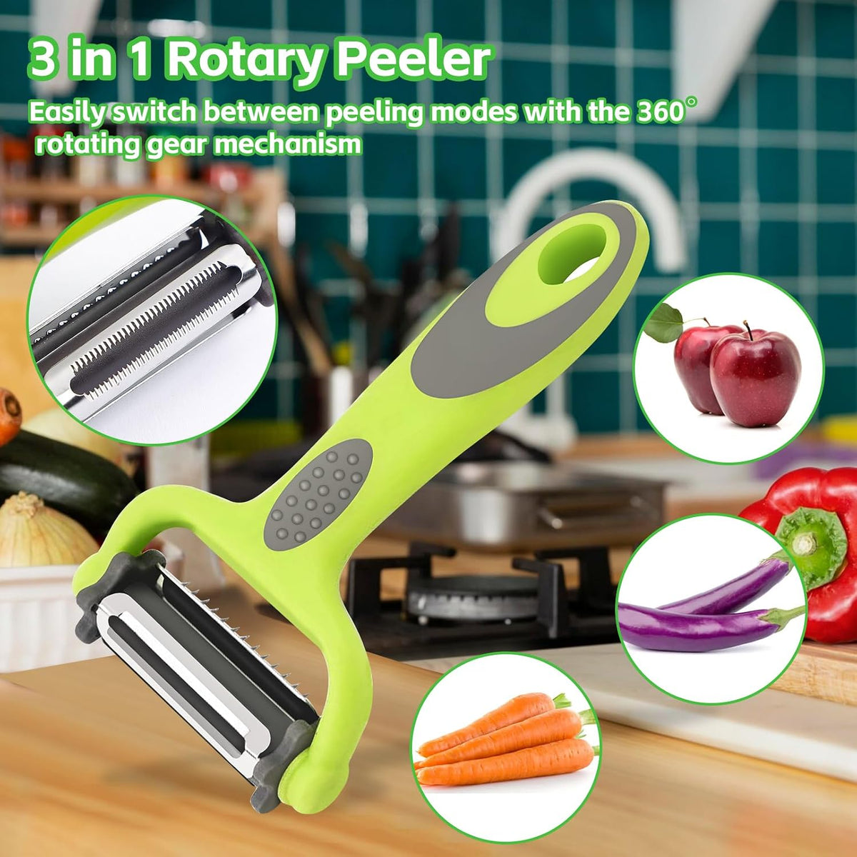 Kitchen Vegetable Peeler, Fruit Carrot Zucchini Cucumber Vegetable, Y Vegetable Peeler 3-in-1 Serrated Blade and Standard Blade Rotation Design, Non-Slip Grip