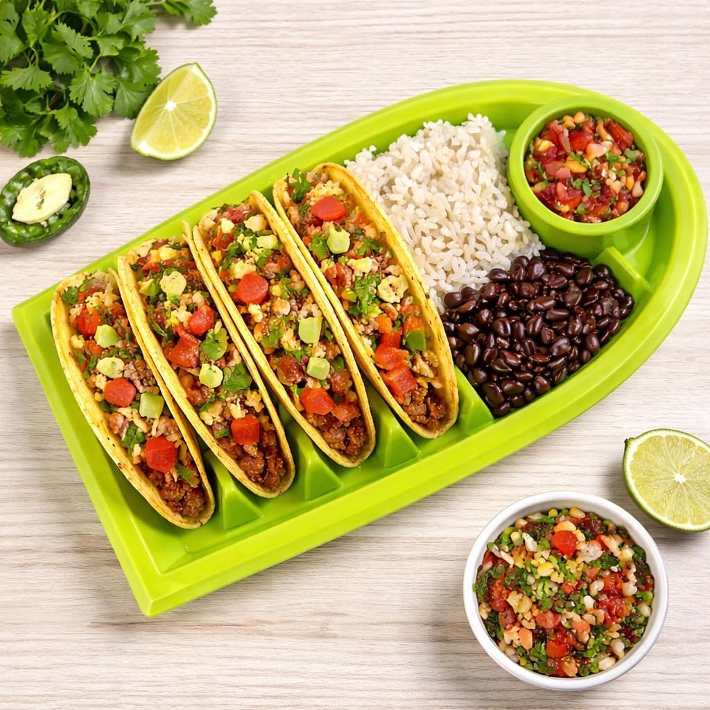 Set of 3 Taco Holder Plates – Plastic Divider Taco Trays with Stand-Up Slots, BPA-Free, Dishwasher & Microwave Safe