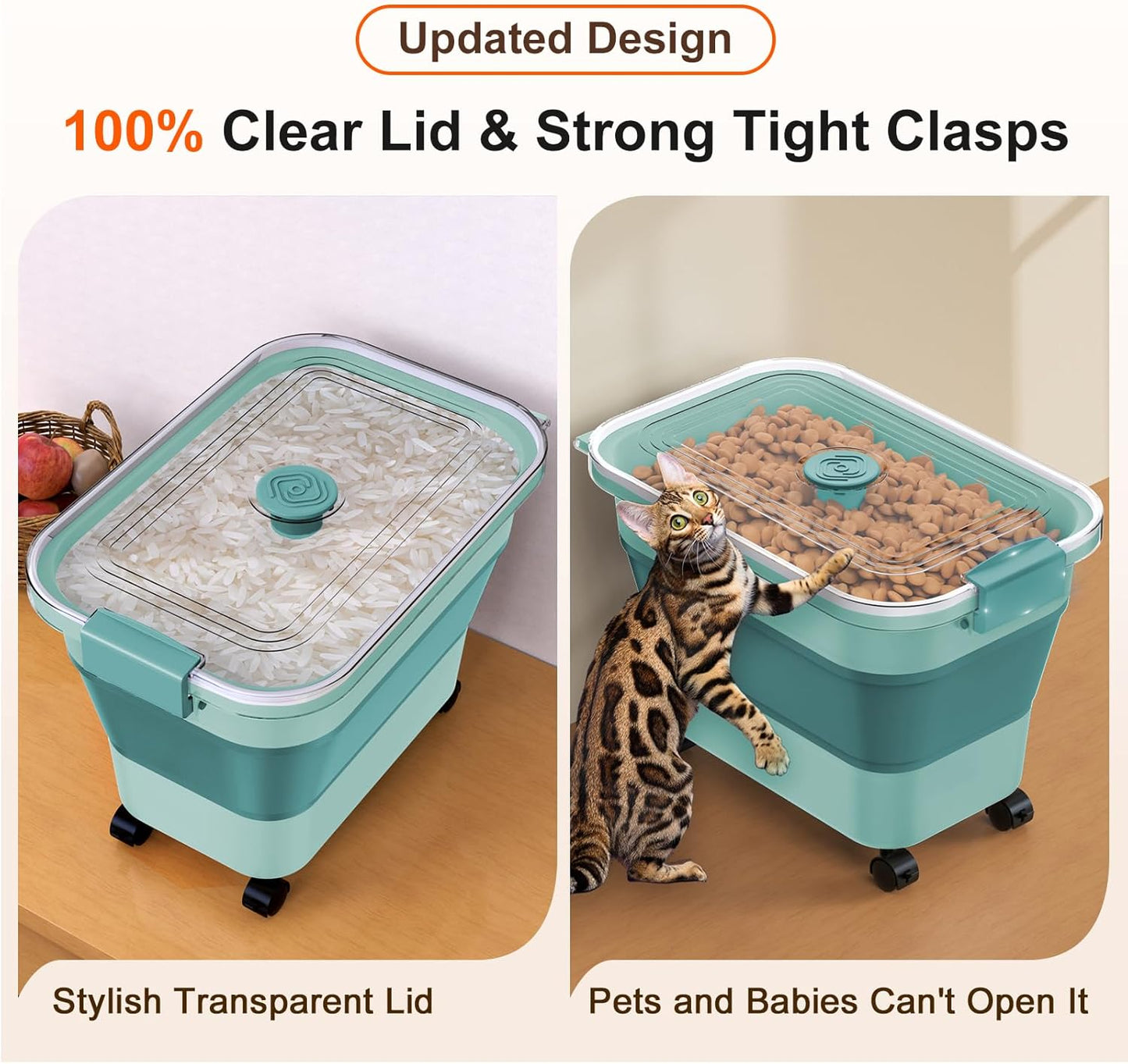 Komzon Rice Storage Container, Collapsible Airtight 10-40 Lb Rice Storage Container, 25lb Pet Dog Food Storage Container, Rice Dispenser Bin with Cup and Scoop for Flour Cereal Pasta Grain, Cat Bird