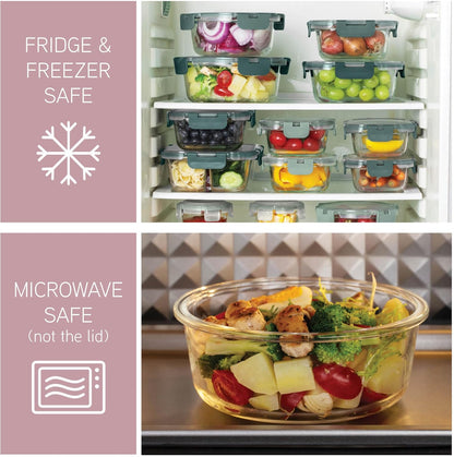 COOK WITH COLOR Premium 32-Pc. Borosilicate Glass Food Container Set with Dividers - 4 Rectangles, 8 Rounds, 4 Squares - Leakproof Lids - Meal Prep, Storage, Grey