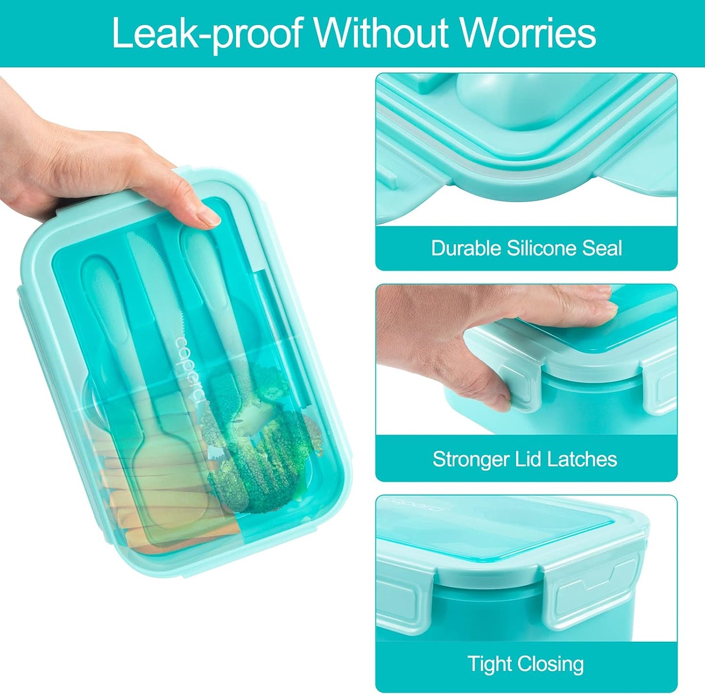 Caperci Classic Bento Box Adult Lunch Box for Older Kids - Leakpoof 47 oz 3-Compartment Lunch Containers for Adults and Teens, Built-in Utensil Set, Ideal for On-the-Go Balanced Eating,Khaki Green