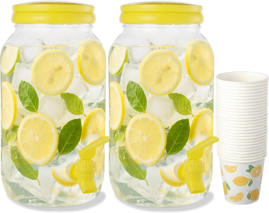 2 Pcs Plastic Beverage Dispenser with Spigot and 40 Pcs Lemon Paper Party Cups Kitchen Fridge Clear Plastic Drink Summer Beverage Dispenser for Summer Parties Water Lemon Juice Tea Beer