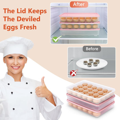 3 Pack Deviled Egg Containers with Lid and 8 Pcs Deviled Egg Injector Piping Tool, Egg Organizer for Refrigerator, Fridge Stackable Countertop Portable Egg Platter (pink,blue,green)