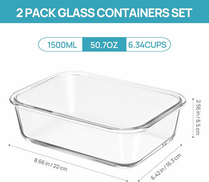 Vtopmart 2Pack 1860ml/63oz Large Glass Storage Containers with Lids, Meal Prep Food Container Set with Snap Airtight Lid for Baking, Microwave, Oven, Leak Proof, for Freezer, Dishwasher, Grey