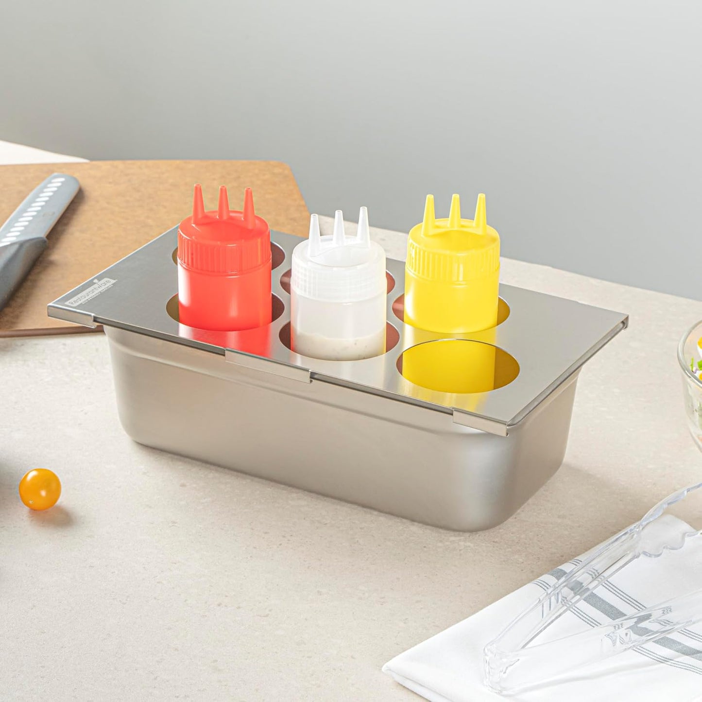 Restaurantware Stainless Steel Bottle Organizer - 1 Count - 6.299 x 7.087 x 0.394 Inches - Dishwasher-Friendly Condiment Holder - Kitchen Bottle Rack - Space-Saving Design - Silver