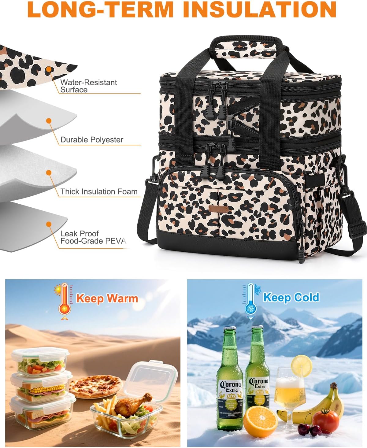 Pritent Lunch Box For Men Women Double Deck Insulated Lunch Bag For Men Woman Leakproof Expandable Cooler Bag with Adjustable Shoulder Strap for Kids Shool Work Picnic Camping(Beige,Large)
