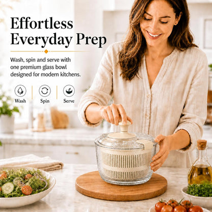 Glass Salad Spinner 3.2 Qt, Small Salad Spinner with Glass Bowl Removable Lid for Easy Cleaning Dishwasher Safe Glass Bowl Vegetable and Fruit Washer Dryer with Drain Spout Crank Handle White