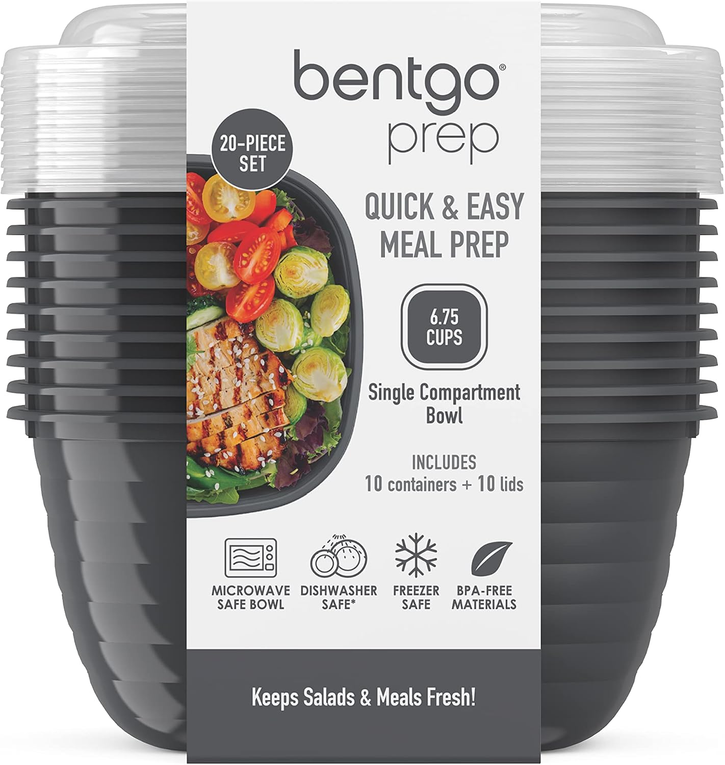 Bentgo Prep - 1-Compartment Bowls with Custom-Fit Lids - Reusable, Microwave Safe, Durable, PFAS & BPA-Free, Freezer & Dishwasher Safe Meal Prep Food Storage - 10 Bowls & 10 Lids (White Stone Tan)