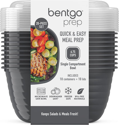 Bentgo Prep - 1-Compartment Bowls with Custom-Fit Lids - Reusable, Microwave Safe, Durable, PFAS & BPA-Free, Freezer & Dishwasher Safe Meal Prep Food Storage - 10 Bowls & 10 Lids (White Stone Tan)