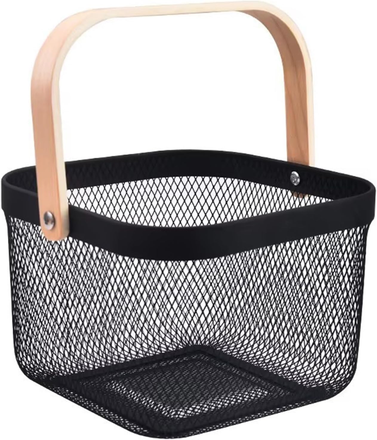 AJIODA Metal Mesh Wire Basket, Large Steel Basket with Wooden Handle Storage Organizer Basket Multi-functional Hanging Kitchen Baskets Fruit Baskets for Kitchen Bathroom Cabinet Pantry Snacks, Black