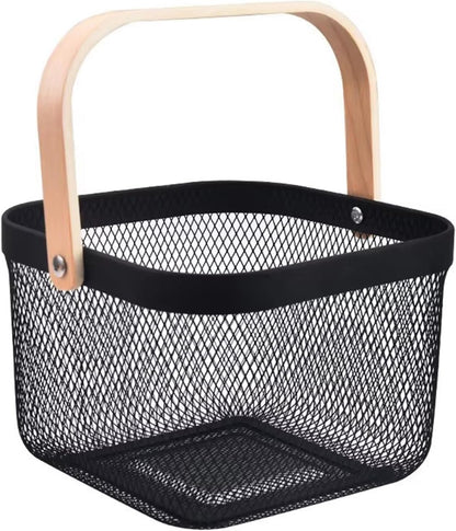 AJIODA Metal Mesh Wire Basket, Large Steel Basket with Wooden Handle Storage Organizer Basket Multi-functional Hanging Kitchen Baskets Fruit Baskets for Kitchen Bathroom Cabinet Pantry Snacks, Black