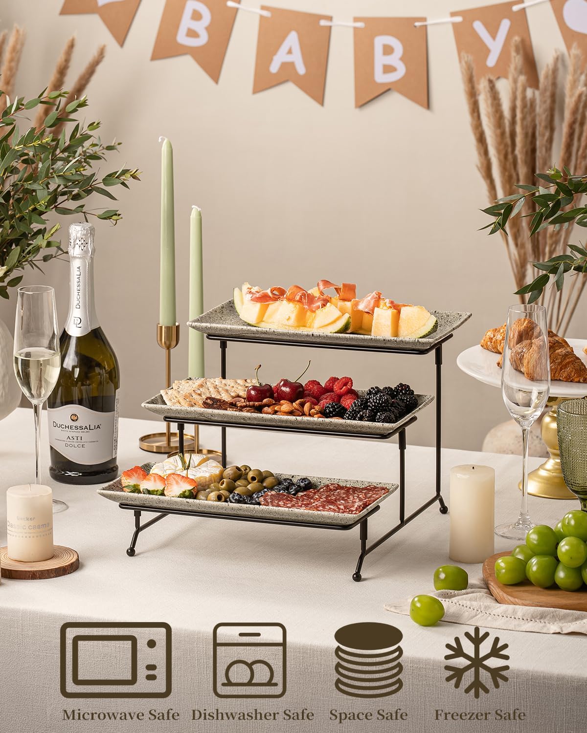 LAUCHUH 3 Tier Serving Tray, Porcelain Serving Platter Tier Serving Stand with Collapsible Sturdier Rack, Serving Trays and Platters Dessert Party Display Set for Father's Day, Gold, 12 Inch