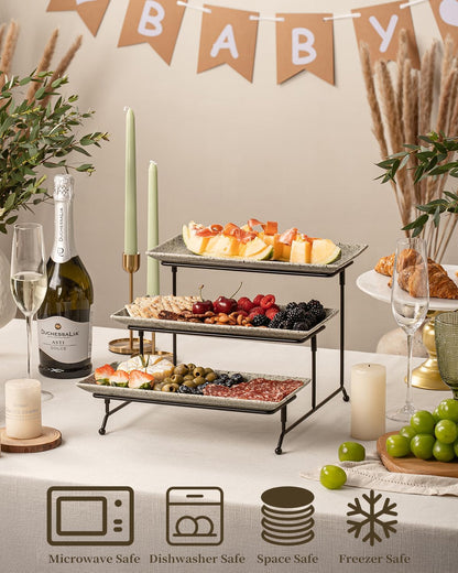 LAUCHUH 3 Tier Serving Tray, Porcelain Serving Platter Tier Serving Stand with Collapsible Sturdier Rack, Serving Trays and Platters Dessert Party Display Set for Father's Day, Gold, 12 Inch