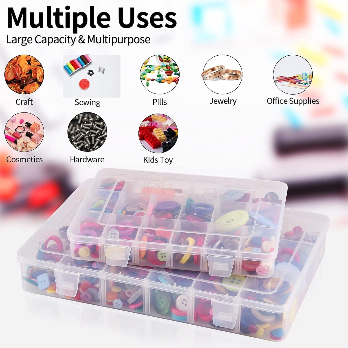 Exptolii 15 Large Grids Plastic Organizer Box with Dividers, 2 Pack Clear Compartment Container Storage for Washi Tapes Beads Crafts Jewelry Fishing Tackles, Size 11 x 6.3 x 2.2 in
