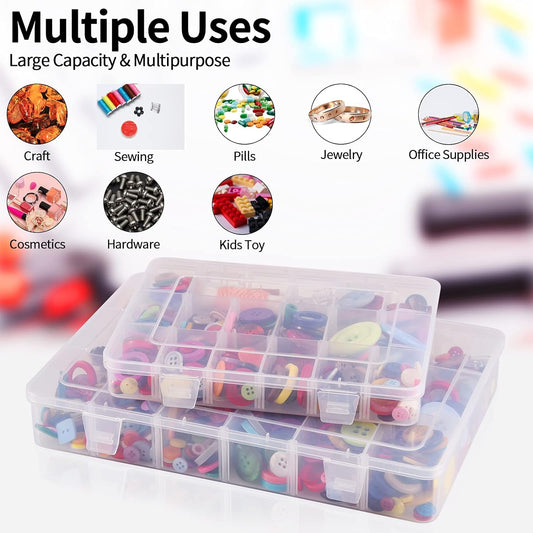 Exptolii 15 Large Grids Plastic Organizer Box with Dividers, 2 Pack Clear Compartment Container Storage for Washi Tapes Beads Crafts Jewelry Fishing Tackles, Size 11 x 6.3 x 2.2 in