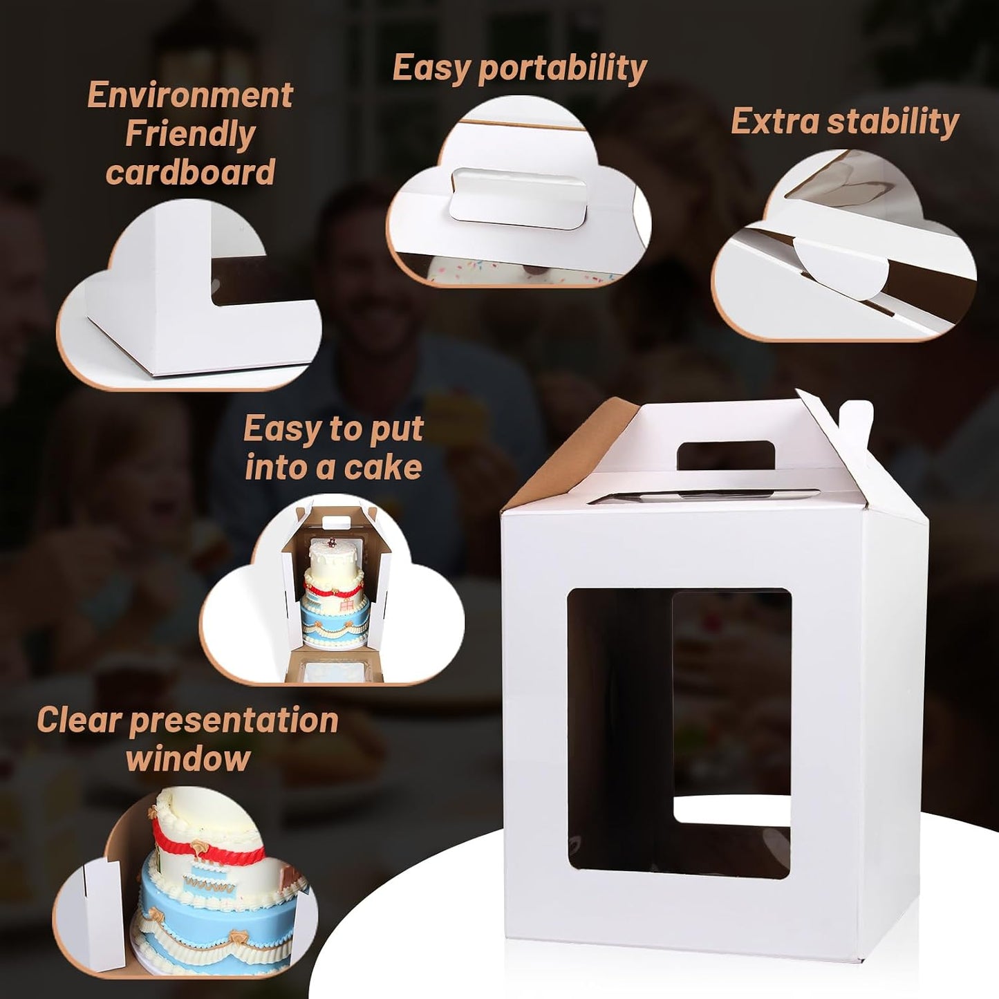 3 Pack 12-In Cake Boxes, Large 12-In Box with Lid & Handle Cake Carrier — Tall Transport Container for Tier Stacking, Reinforced Disposable Bakery Boxes