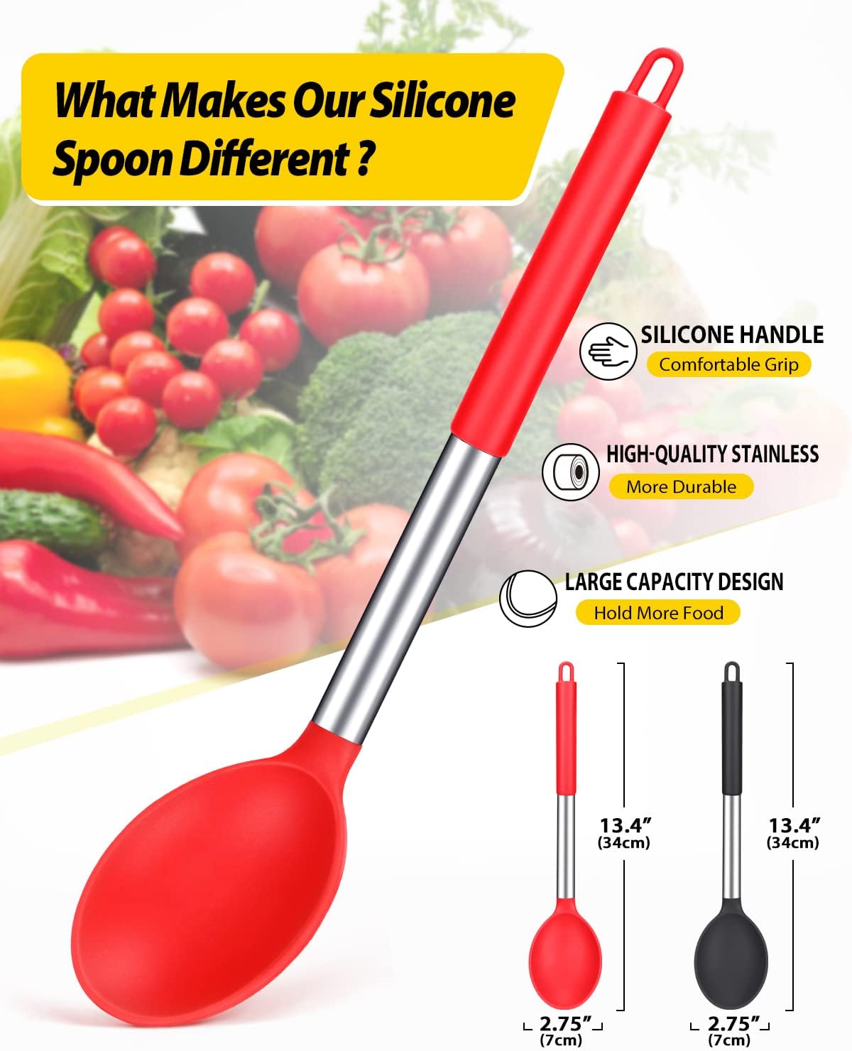 Pack of 2 Large Silicone Cooking Spoon Non Stick Solid Basting Spoons Heat-Resistant Kitchen Utensils for Mixing Serving (Gray-Blue)