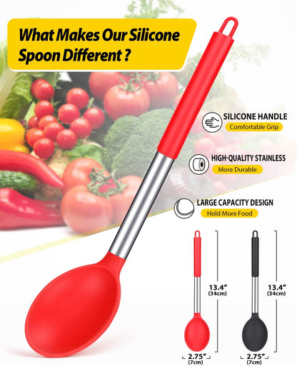 Pack of 2 Large Silicone Cooking Spoon Non Stick Solid Basting Spoons Heat-Resistant Kitchen Utensils for Mixing Serving (Gray-Blue)