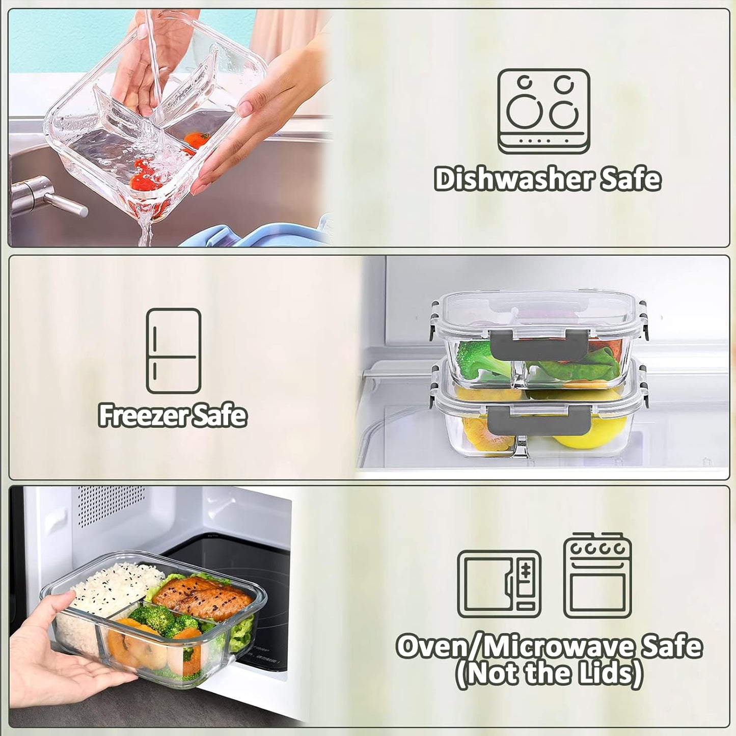 M MCIRCO [5-Pack, 36 oz] Glass Meal Prep Containers 3 Compartment with Lids, Glass Lunch Containers,Food Prep Lunch Box,Bento Box,Microwave, Oven, Freezer, Dishwasher (4.5 Cups, Green)