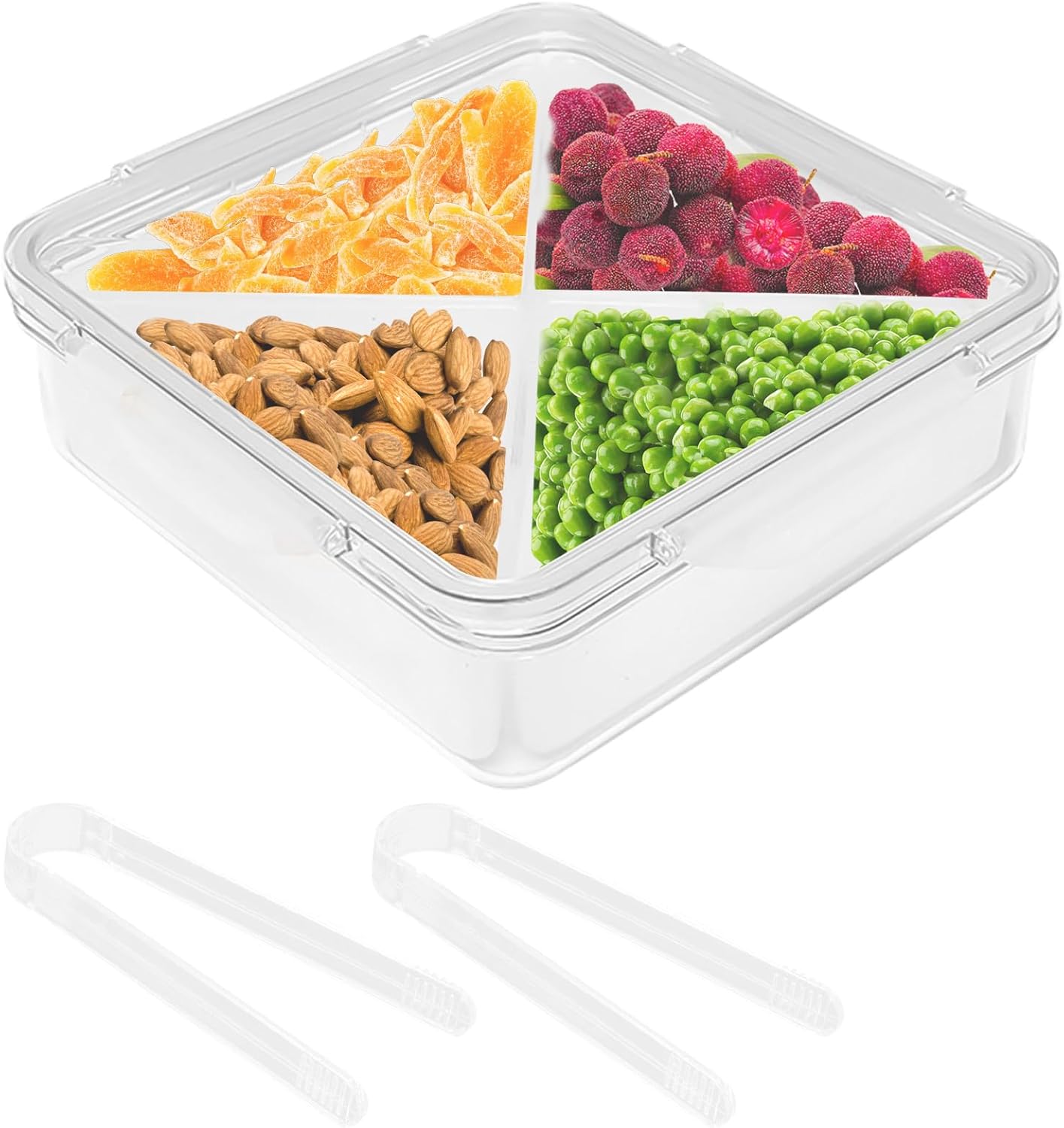 Qivine Veggie Tray with Lid for Fridge, Portable Vegetable Tray with Lid and Dip, 6 Compartments Divided Serving Tray with Lid and Handle, Round Veggie Trays for Serving for Party with 2 Clips