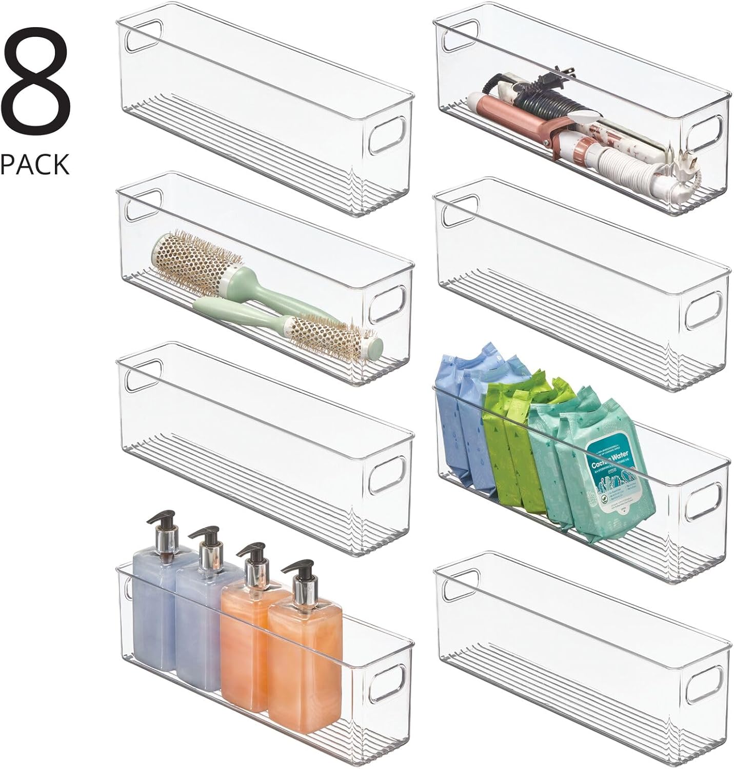 mDesign Plastic Bathroom Storage Container Bins w/ Handles - Closet, Cabinet, Vanity, Cupboard Shelf Organization, Hair Tools Accessory Organizer - Ligne Collection; Clear, ‎5x3.75x16 (Pack of 8)