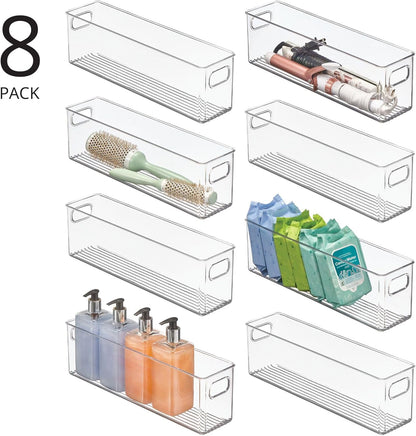 mDesign Plastic Bathroom Storage Container Bins w/ Handles - Closet, Cabinet, Vanity, Cupboard Shelf Organization, Hair Tools Accessory Organizer - Ligne Collection; Clear, ‎5x3.75x16 (Pack of 8)