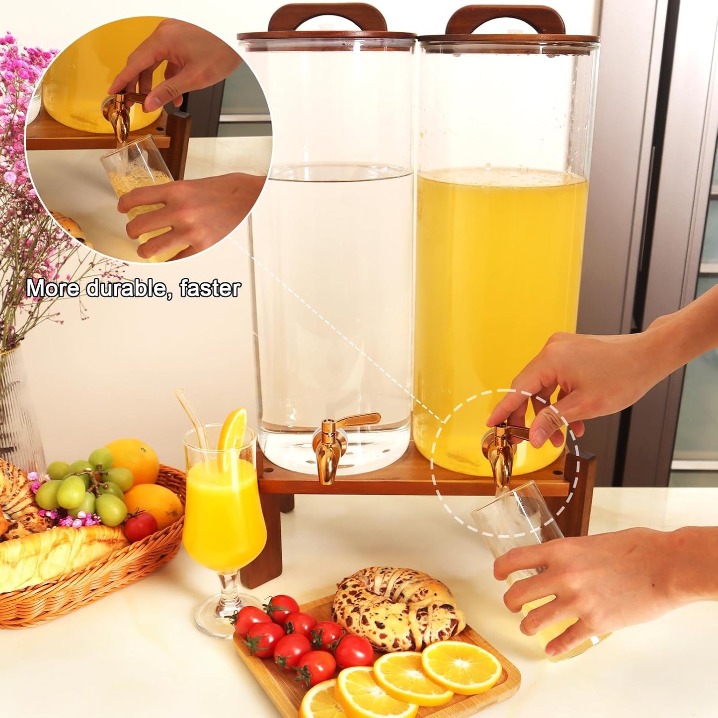 2PCS 1.6 Gallon Drink Dispenser,Glass Water Dispenser with Stand,Beverage Dispenser with Stainless Steel Spigot,Drink Dispensers for Parties,Bars,Restaurants