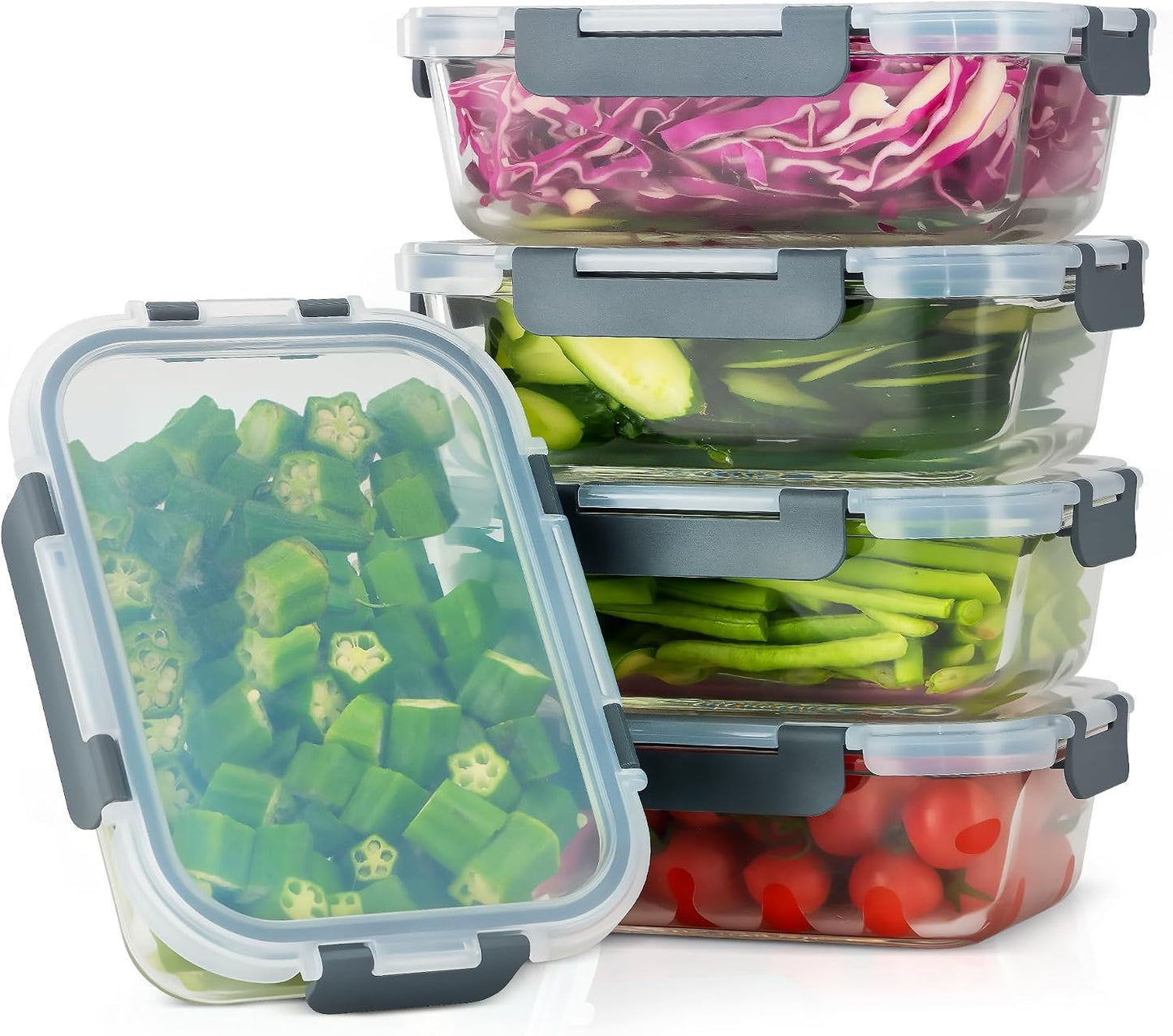 10-Pack Meal Prep Containers with Snap Locking Lids, Glass Airtight Lunch, Food Storage Containers, Microwave, Oven, Freezer and Dishwasher Friendly, Gray