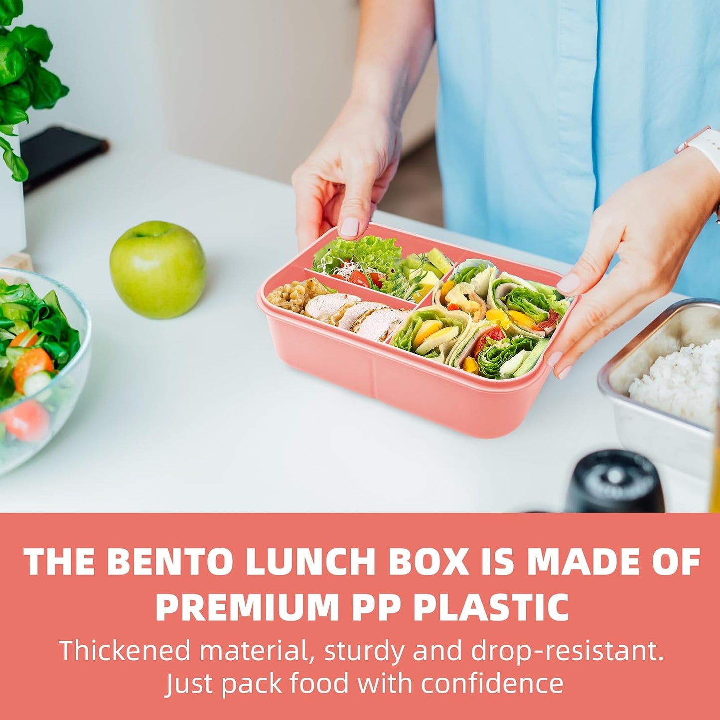 Fanhaw 40 Oz/5 Cup Bento Box for Kids, Men and Women, Lunch Box with 3 Compartments, Utensil, Microwave & Dishwasher Safe (Green)