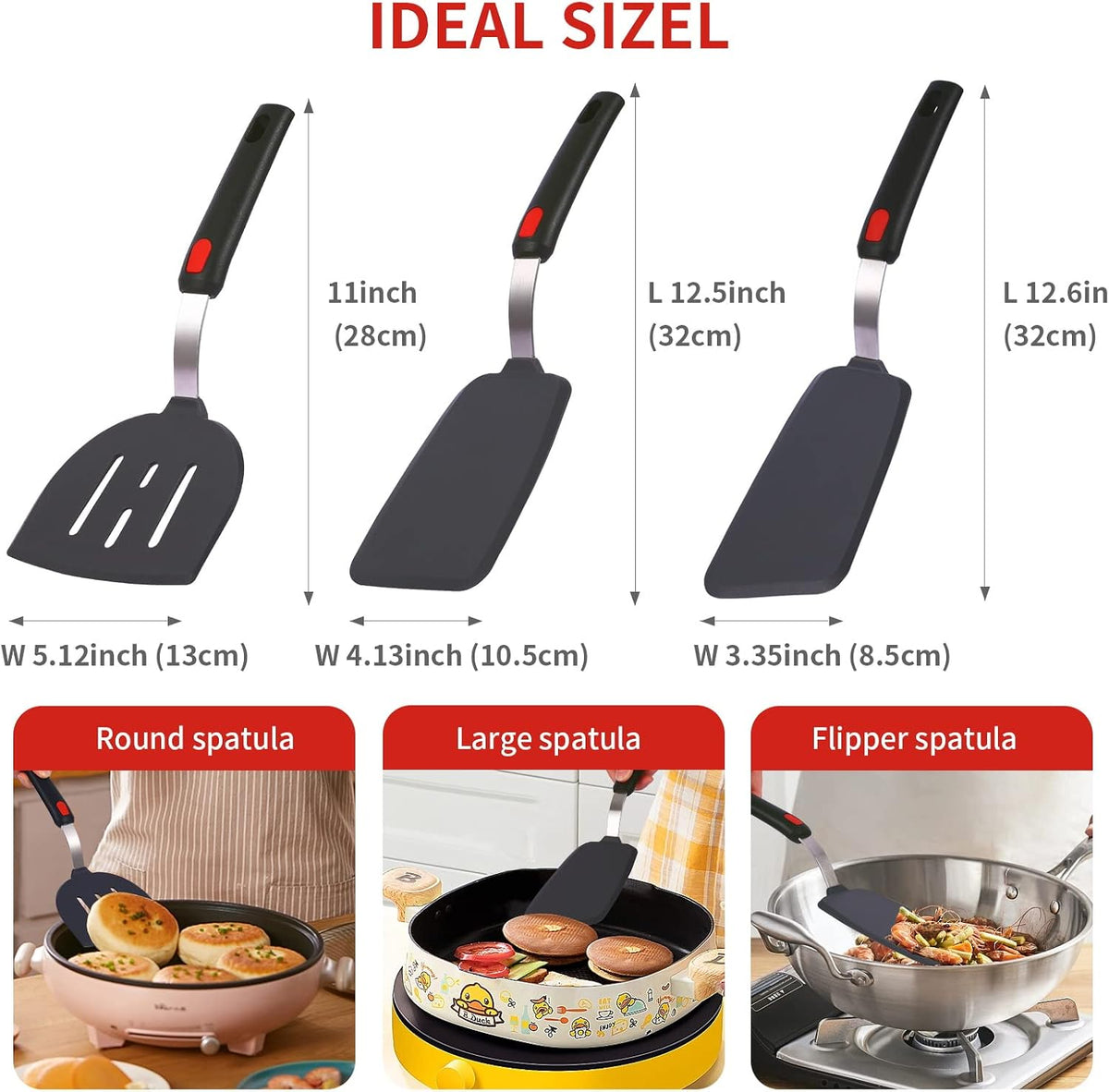 Silicone Spatula Turner Set Large And Thin Flipper Spatulas Heat Resistant 600 ° F Slotted Flexible Turner Cooking Utensils For Nonstick Cookware Egg,Pancake,Fish,Omelette,Hamburger (3 Pack)