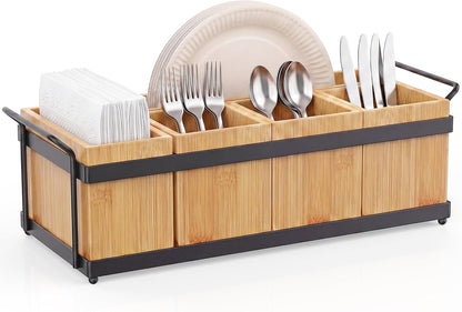 Silverware Caddy for Party, Wood Utensil Caddy with 4 Removable Compartments for Kitchen Countertop Organizing Paper Plate, Fork, Spoon, Napkin