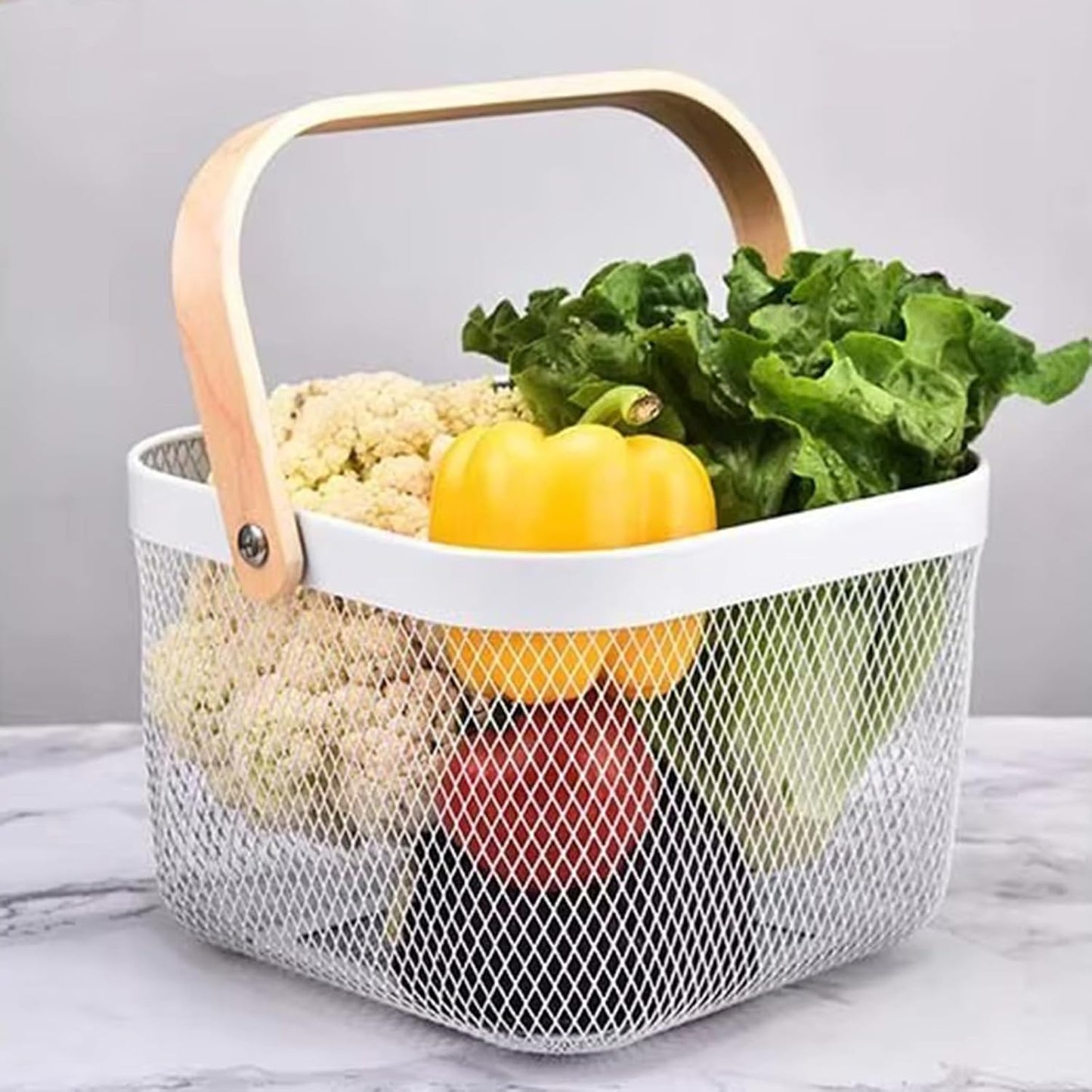 AJIODA Metal Mesh Wire Basket, Large Steel Basket with Wooden Handle Storage Organizer Basket Multi-functional Hanging Kitchen Baskets Fruit Baskets for Kitchen Bathroom Cabinet Pantry Snacks, Black